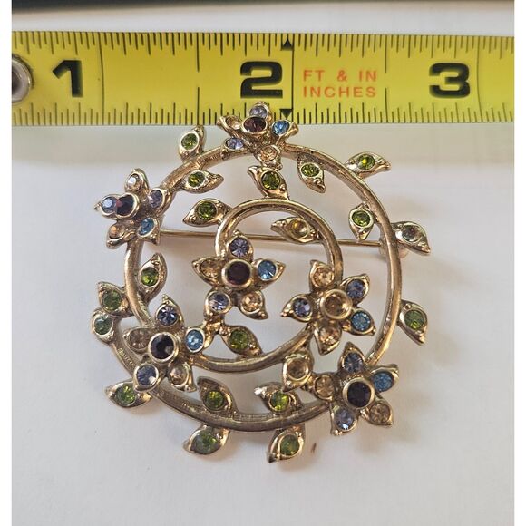 1967 Monet Signed Spring Spiral Floral Gold Plated Brooch with Rhinestones - Picture 2 of 8